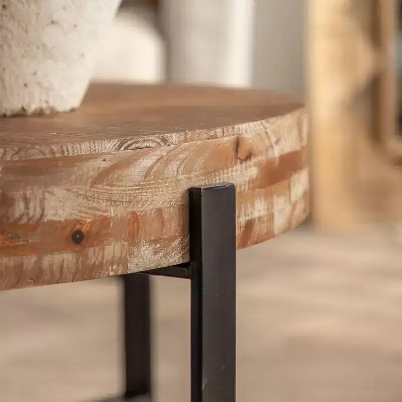 Table basse ronde avec plateau en bois et piètement croisé en métal noir/doré Style rétro pour salon