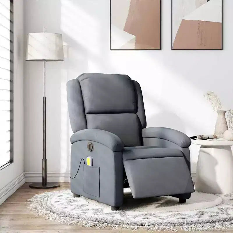 Fauteuil Inclinable de Massage Électrique - Velours Gris Foncé, Repose-Pieds/Dossier Réglable Automatiquement, Massage Vibrant à 6 Points, Pochette Latérale