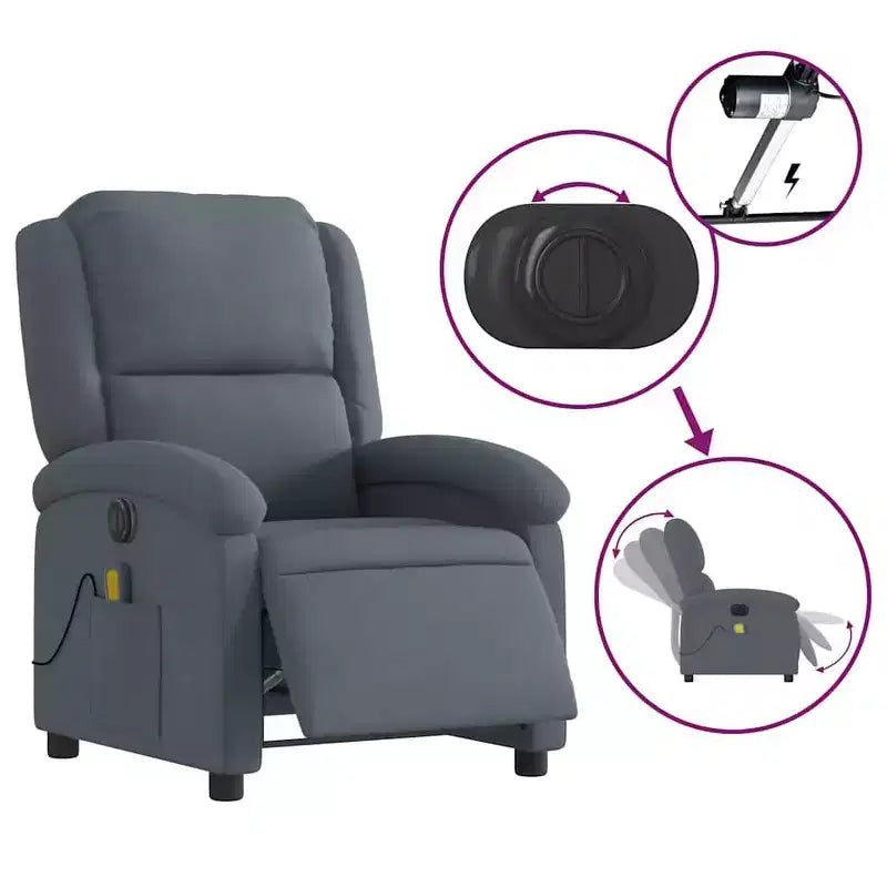 Fauteuil Inclinable de Massage Électrique - Velours Gris Foncé, Repose-Pieds/Dossier Réglable Automatiquement, Massage Vibrant à 6 Points, Pochette Latérale