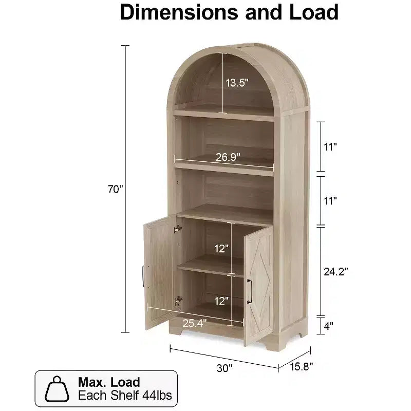 Armoires de rangement à arceaux hauts, armoires modernes à arceaux de 5 étagères avec portes et étagères réglables, armoires multifonctionnelles en bois à plateau rond