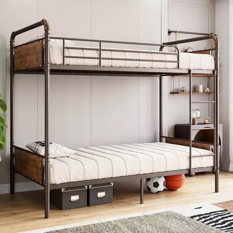Metal Bunk Bed Twin Over Twin, Heavy Duty Twin Size Metal Bunk Bed with Guardrail &amp; Ladders, Convertible Twin Bunk Beds, No Box Spring Needed, Brown