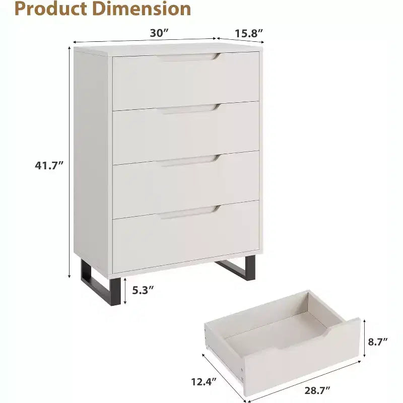 Commode blanche à 4 tiroirs, Meuble de rangement vertical autoportant, Commode de sol verticale pour chambre, placard, entrée