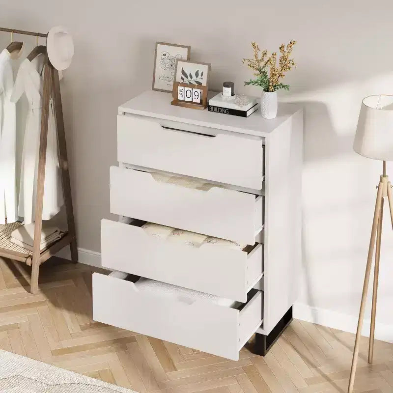 Commode blanche à 4 tiroirs, Meuble de rangement vertical autoportant, Commode de sol verticale pour chambre, placard, entrée