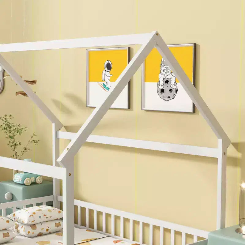 Lit en bois pour chambre complète avec cadres de sol, barrières de sécurité Blanches
