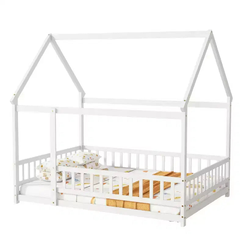 Lit en bois pour chambre complète avec cadres de sol, barrières de sécurité Blanches
