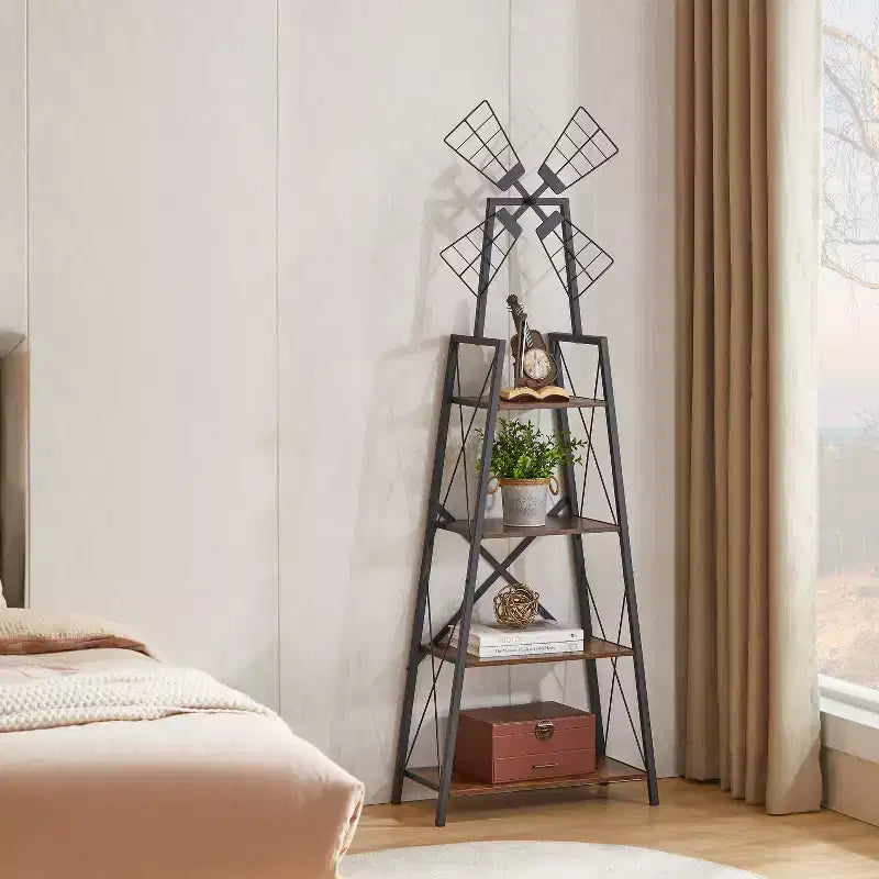 Étagère étroite à 4 niveaux avec moulins décorés, brun rustique et noir
