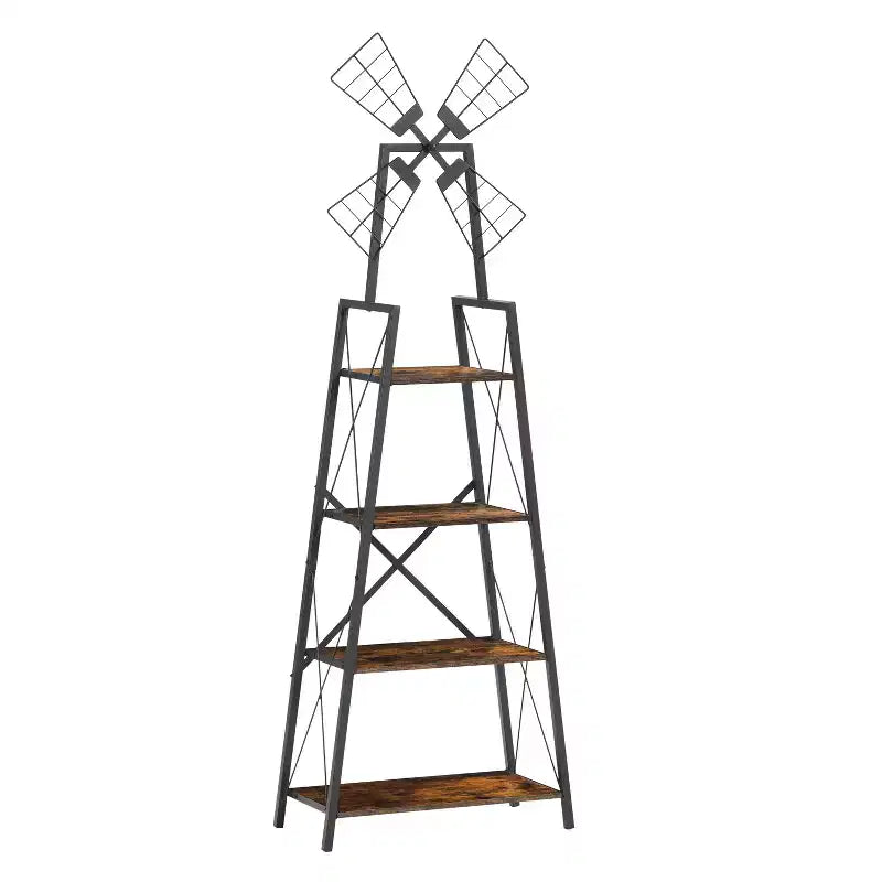 Étagère étroite à 4 niveaux avec moulins décorés, brun rustique et noir