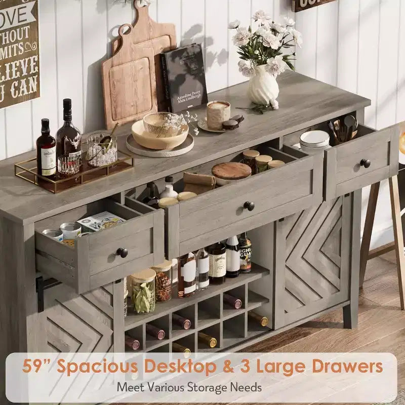 Buffet de ferme, Enfilade rustique avec portes coulissantes, 3 tiroirs, étagères réglables, casier à vin amovible, Blanc