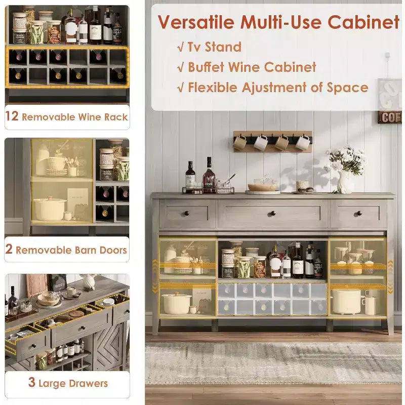Buffet de ferme, Enfilade rustique avec portes coulissantes, 3 tiroirs, étagères réglables, casier à vin amovible, Blanc