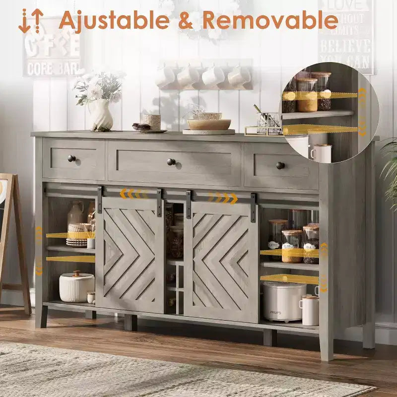 Buffet de ferme, Enfilade rustique avec portes coulissantes, 3 tiroirs, étagères réglables, casier à vin amovible, Blanc