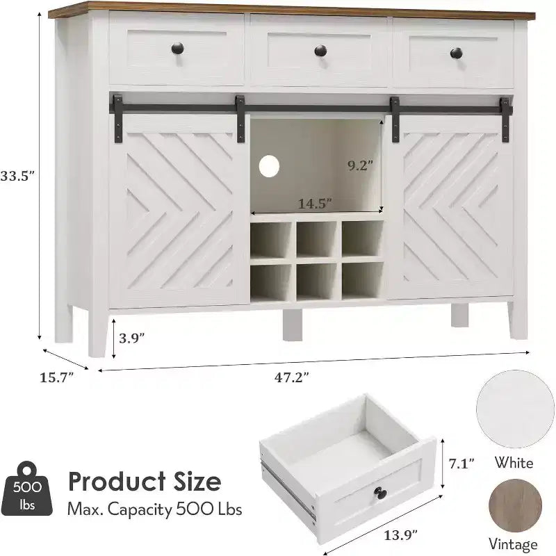 Buffet de ferme, Enfilade rustique avec portes coulissantes, 3 tiroirs, étagères réglables, casier à vin amovible, Blanc