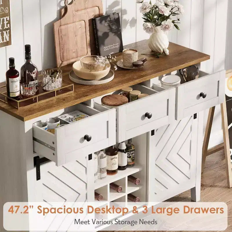 Buffet de ferme, Enfilade rustique avec portes coulissantes, 3 tiroirs, étagères réglables, casier à vin amovible, Blanc