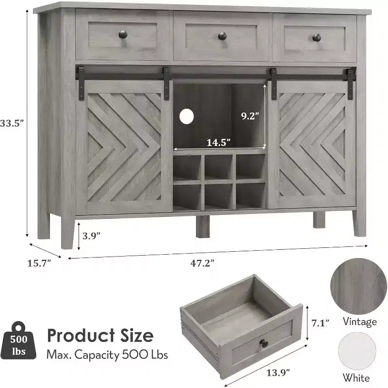 Buffet de ferme, Enfilade rustique avec portes coulissantes, 3 tiroirs, étagères réglables, casier à vin amovible, Blanc