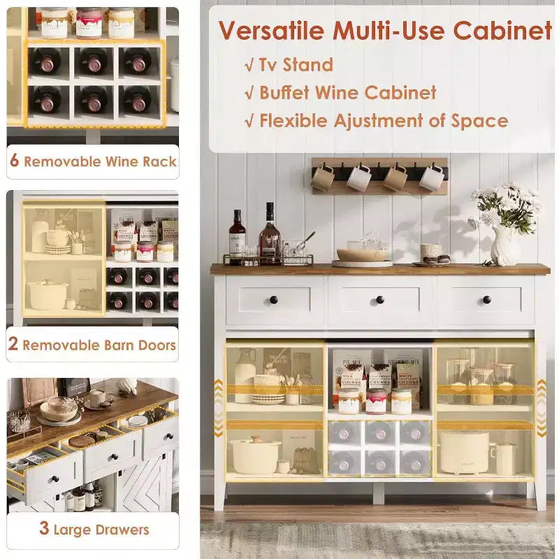 Buffet de ferme, Enfilade rustique avec portes coulissantes, 3 tiroirs, étagères réglables, casier à vin amovible, Blanc