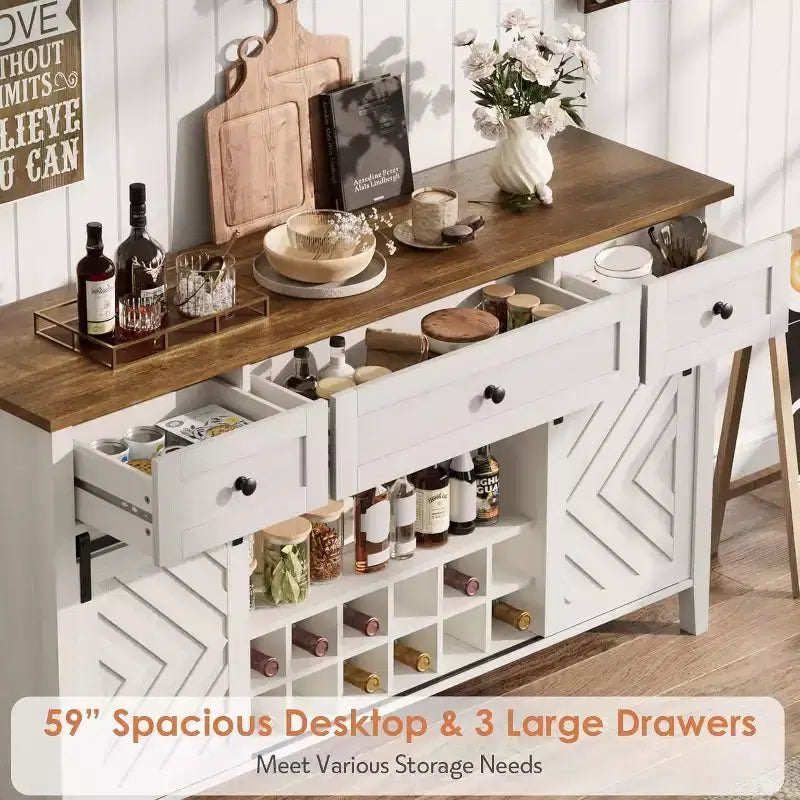 Buffet de ferme, Enfilade rustique avec portes coulissantes, 3 tiroirs, étagères réglables, casier à vin amovible, Blanc