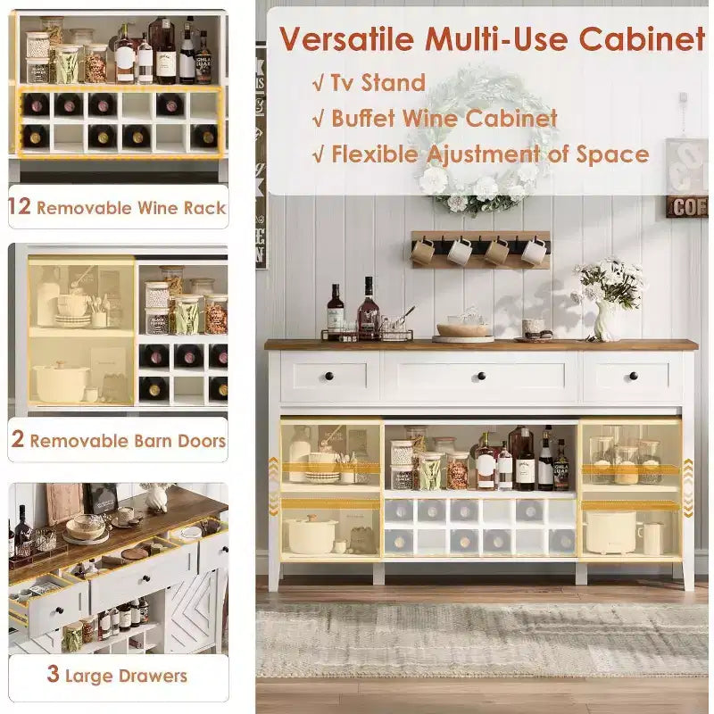 Buffet de ferme, Enfilade rustique avec portes coulissantes, 3 tiroirs, étagères réglables, casier à vin amovible, Blanc