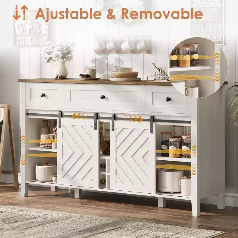 Buffet de ferme, Enfilade rustique avec portes coulissantes, 3 tiroirs, étagères réglables, casier à vin amovible, Blanc