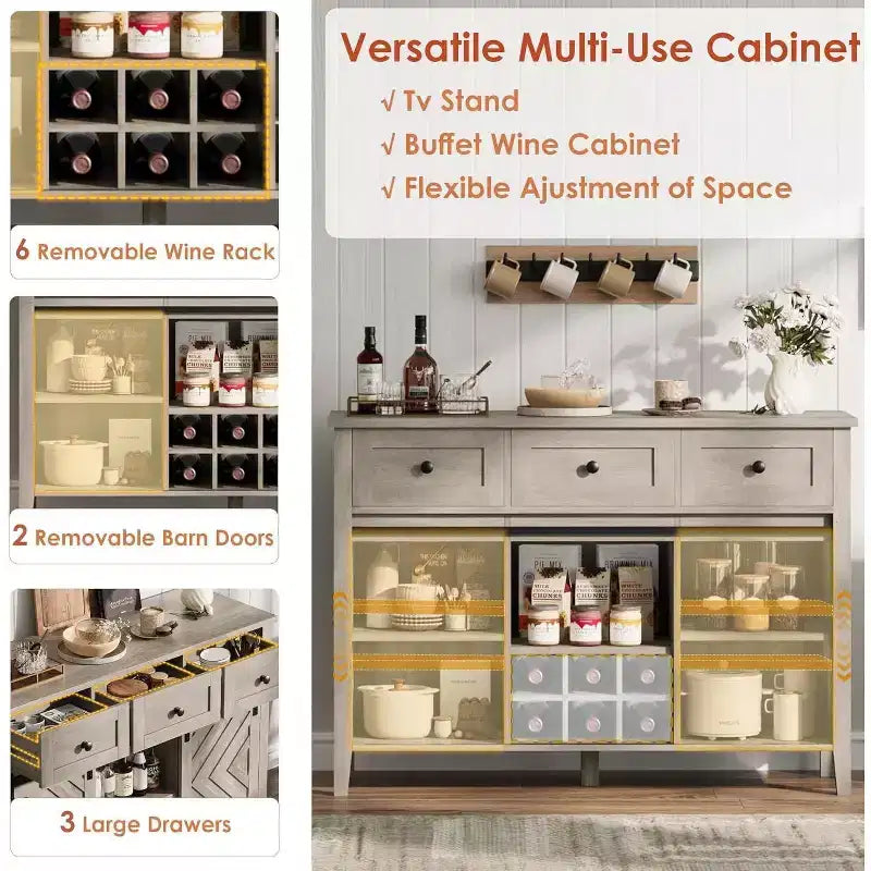 Buffet de ferme, Enfilade rustique avec portes coulissantes, 3 tiroirs, étagères réglables, casier à vin amovible, Blanc