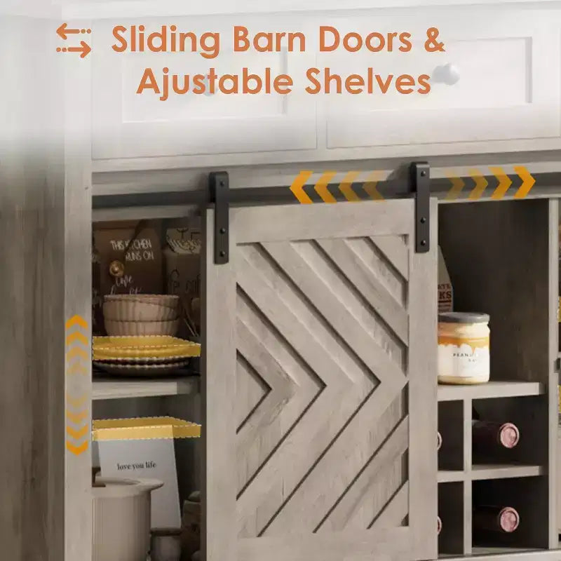 Buffet de ferme, Enfilade rustique avec portes coulissantes, 3 tiroirs, étagères réglables, casier à vin amovible, Blanc