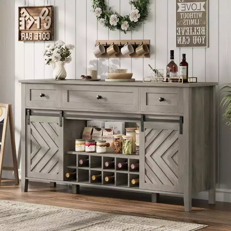 Buffet de ferme, Enfilade rustique avec portes coulissantes, 3 tiroirs, étagères réglables, casier à vin amovible, Blanc