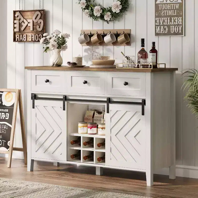 Buffet de ferme, Enfilade rustique avec portes coulissantes, 3 tiroirs, étagères réglables, casier à vin amovible, Blanc