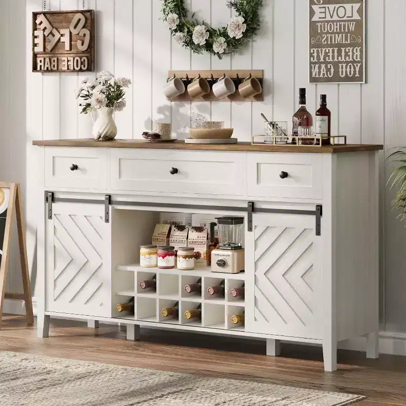 Buffet de ferme, Enfilade rustique avec portes coulissantes, 3 tiroirs, étagères réglables, casier à vin amovible, Blanc