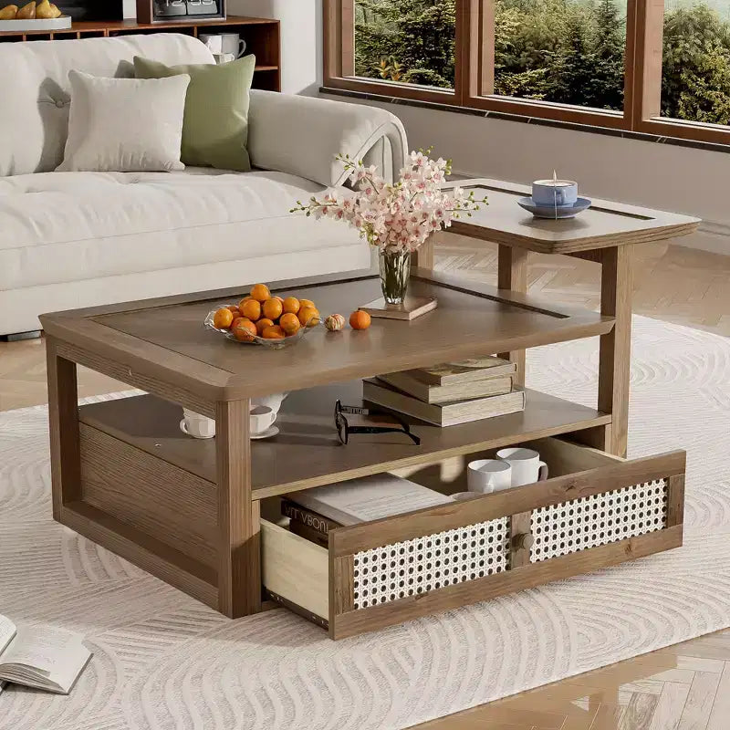 Table basse moderne avec tiroir en rotin et rangement double niveau, table basse de salon à 2 étagères