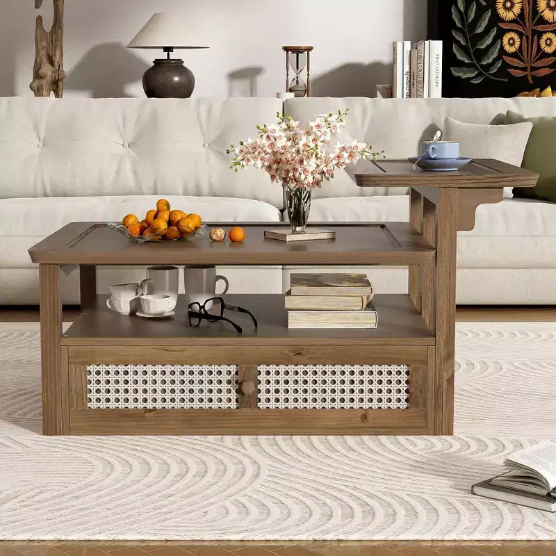 Table basse moderne avec tiroir en rotin et rangement double niveau, table basse de salon à 2 étagères