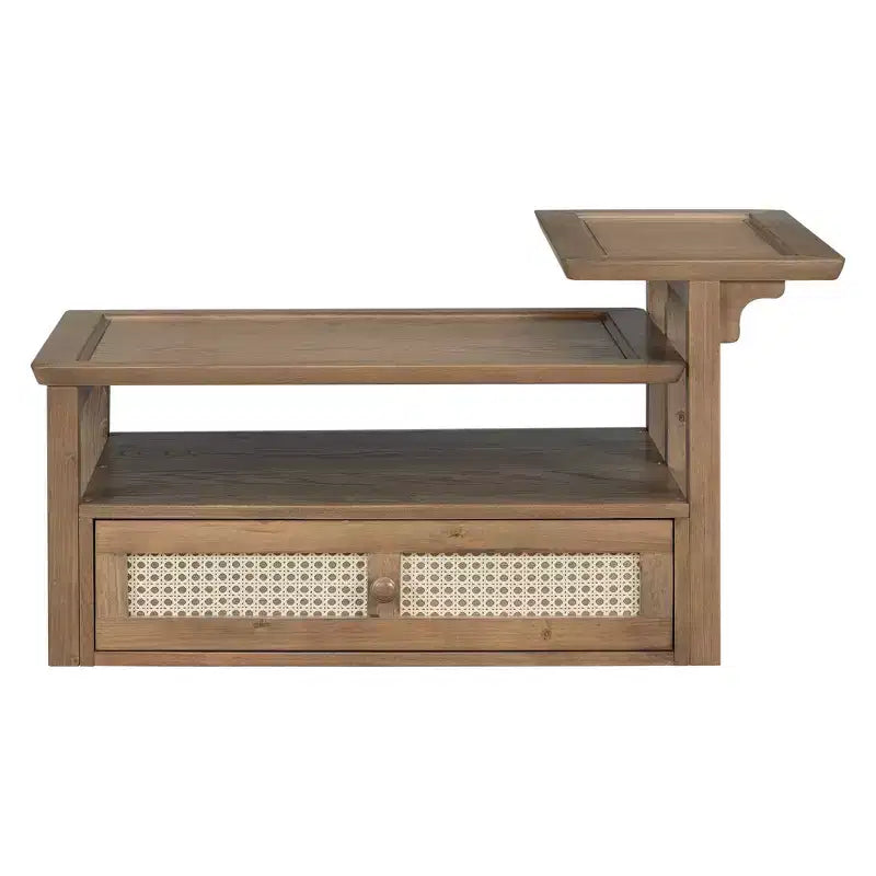 Table basse moderne avec tiroir en rotin et rangement double niveau, table basse de salon à 2 étagères