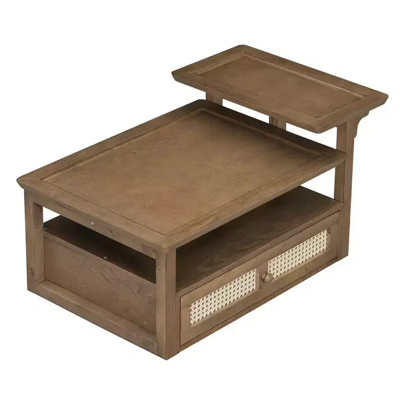 Table basse moderne avec tiroir en rotin et rangement double niveau, table basse de salon à 2 étagères