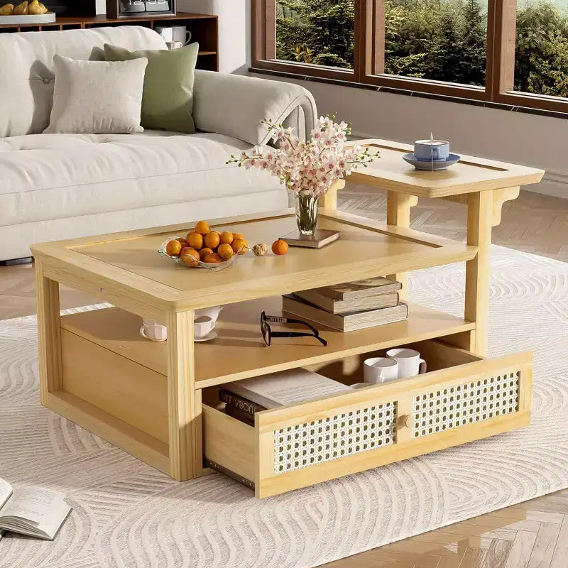 Table basse moderne avec tiroir en rotin et rangement double niveau, table basse de salon à 2 étagères