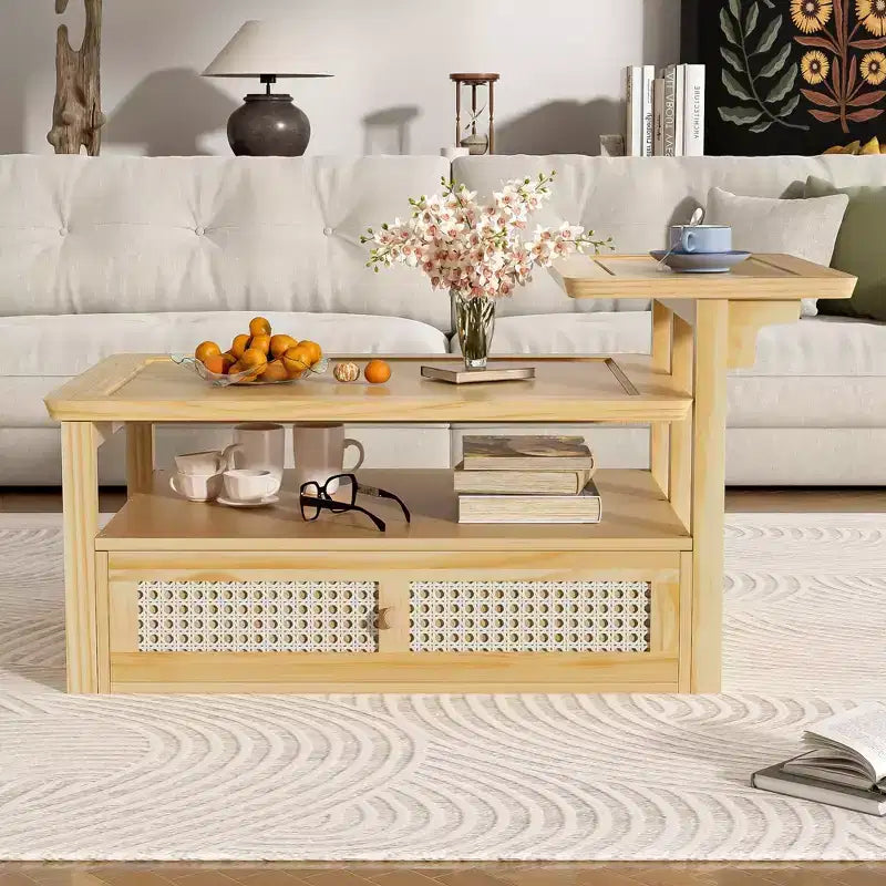 Table basse moderne avec tiroir en rotin et rangement double niveau, table basse de salon à 2 étagères