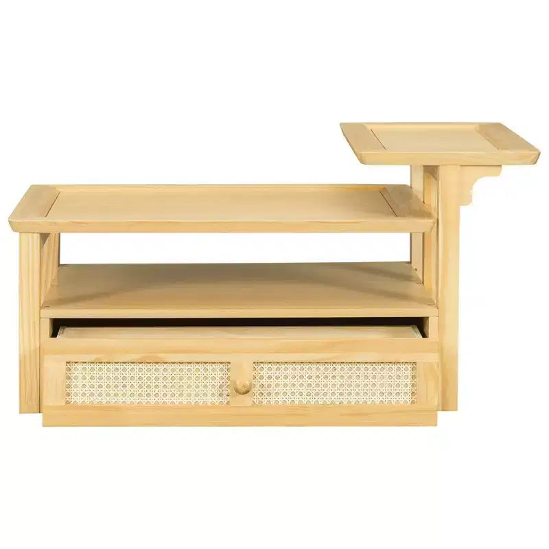 Table basse moderne avec tiroir en rotin et rangement double niveau, table basse de salon à 2 étagères