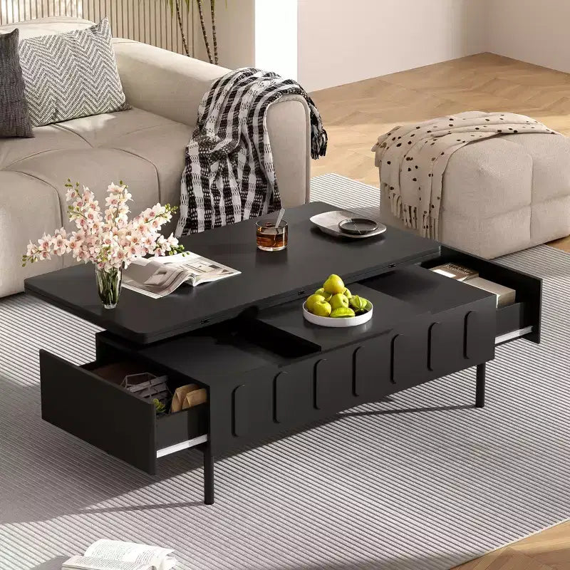 Table basse moderne avec tiroir en rotin et rangement double niveau, table basse de salon à 2 étagères