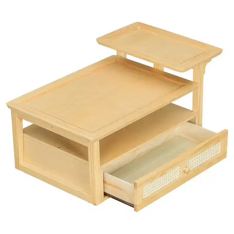 Table basse moderne avec tiroir en rotin et rangement double niveau, table basse de salon à 2 étagères