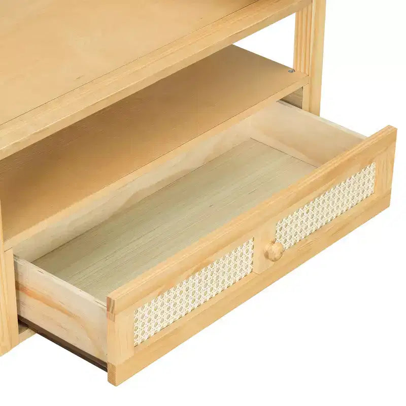 Table basse moderne avec tiroir en rotin et rangement double niveau, table basse de salon à 2 étagères