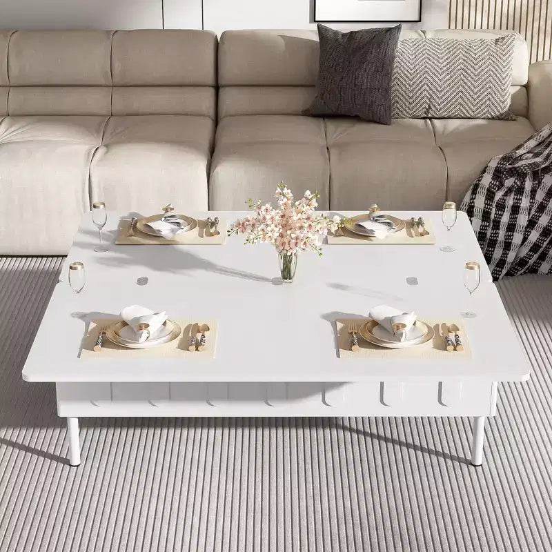 Table basse moderne avec tiroir en rotin et rangement double niveau, table basse de salon à 2 étagères