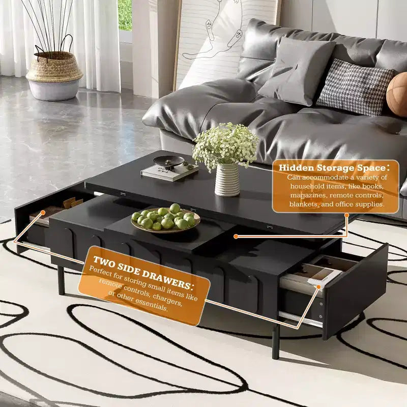 Table basse moderne avec tiroir en rotin et rangement double niveau, table basse de salon à 2 étagères