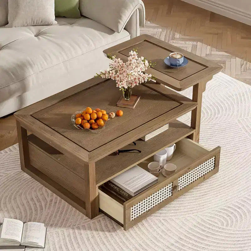 Table basse moderne avec tiroir en rotin et rangement double niveau, table basse de salon à 2 étagères