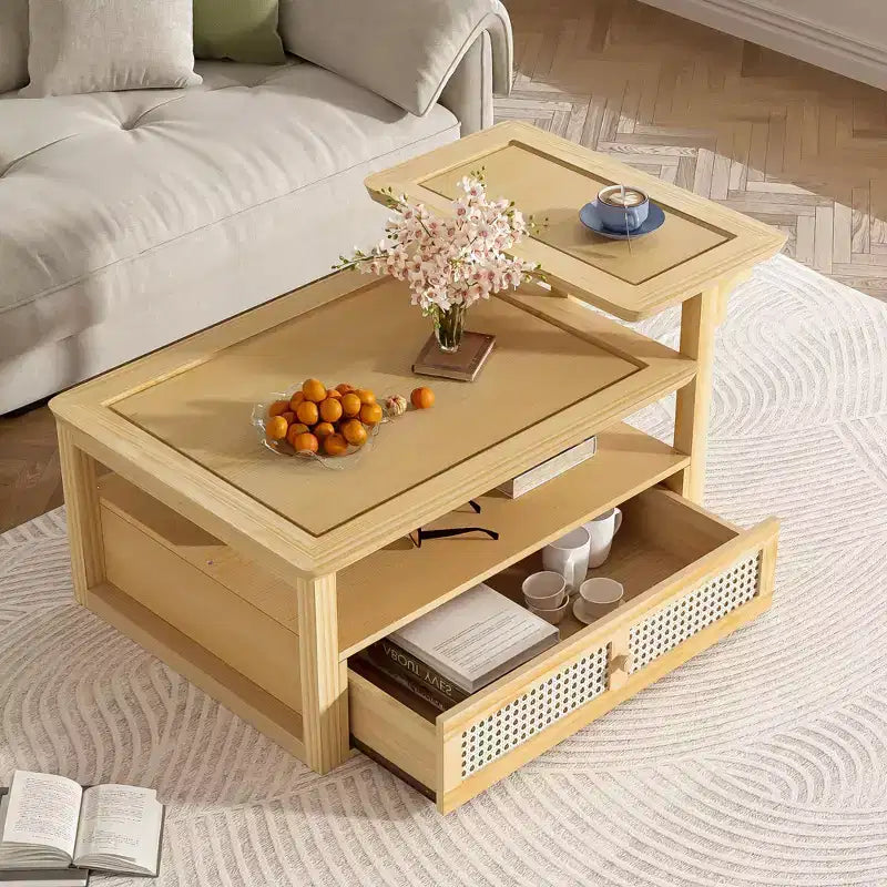 Okak Modern Coffee Table with Rattan Drawer &amp; Dual-Tier Storage, 2-Level Shelf Design Center Table for Living Room