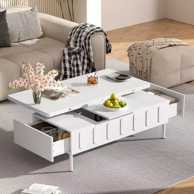 Table basse moderne avec tiroir en rotin et rangement double niveau, table basse de salon à 2 étagères