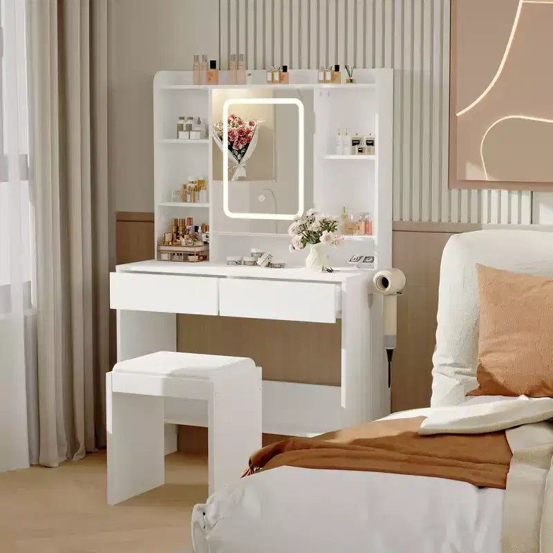 Coiffeuse avec miroir et lumières, comprend un tabouret rembourré, des tiroirs de rangement, des prises USB, une lumière LED réglable avec 3 modes d'éclairage
