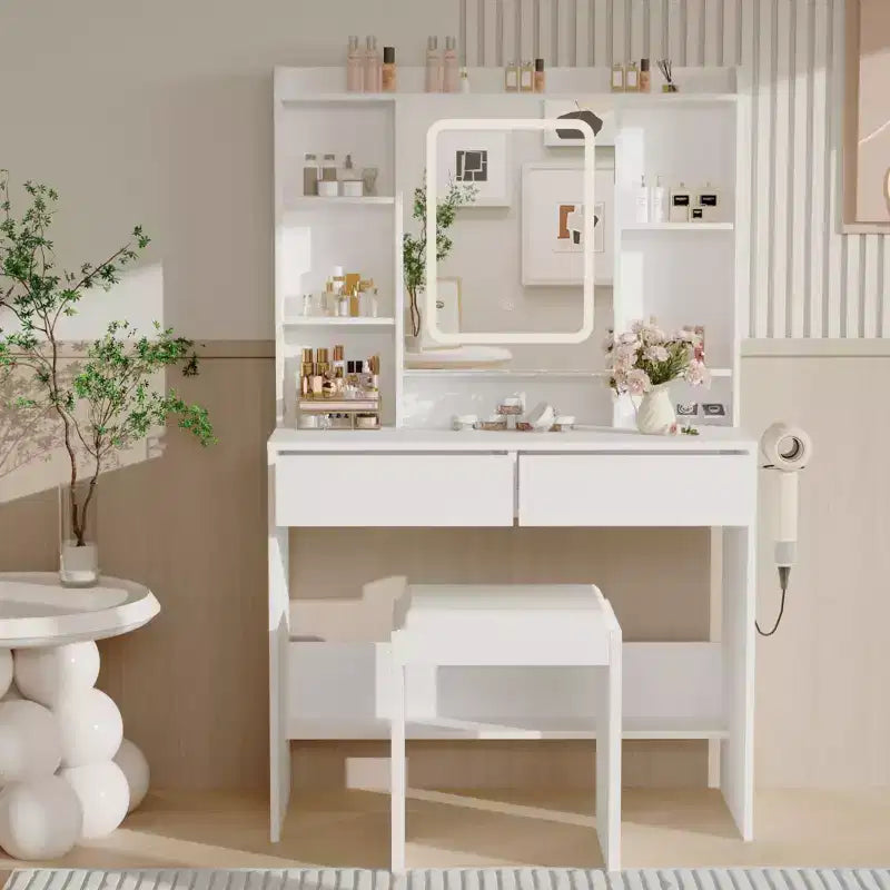 Coiffeuse avec miroir et lumières, comprend un tabouret rembourré, des tiroirs de rangement, des prises USB, une lumière LED réglable avec 3 modes d'éclairage