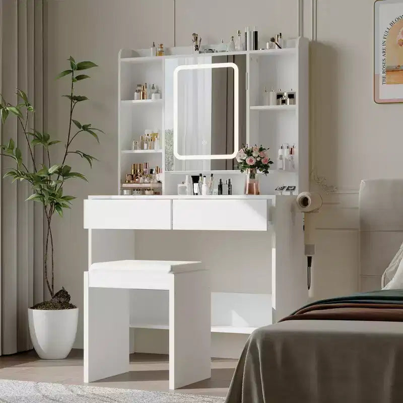 Coiffeuse avec miroir et lumières, comprend un tabouret rembourré, des tiroirs de rangement, des prises USB, une lumière LED réglable avec 3 modes d'éclairage