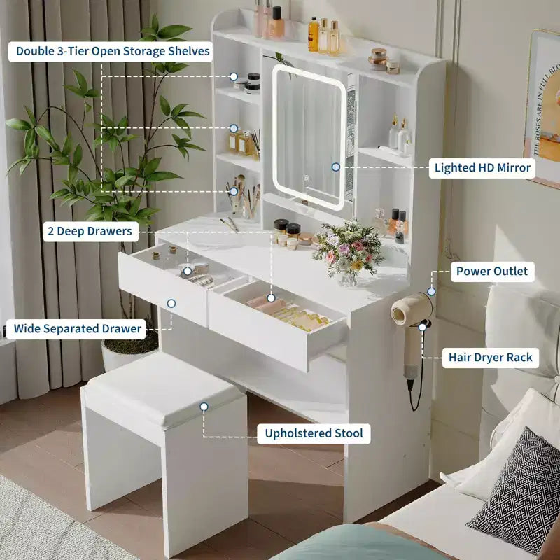 Coiffeuse avec miroir et lumières, comprend un tabouret rembourré, des tiroirs de rangement, des prises USB, une lumière LED réglable avec 3 modes d'éclairage