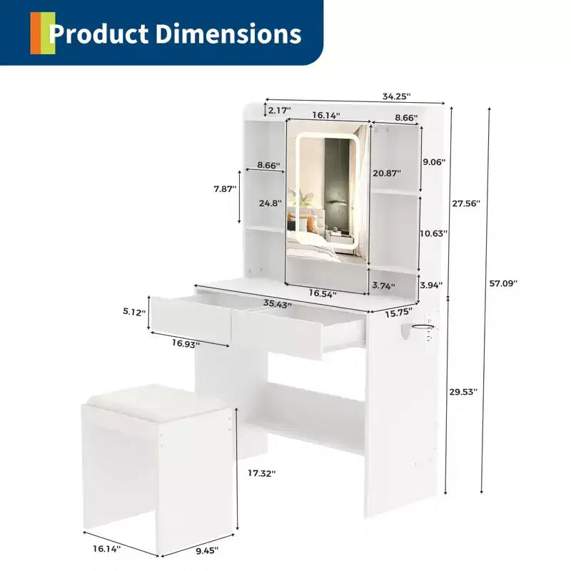 Coiffeuse avec miroir et lumières, comprend un tabouret rembourré, des tiroirs de rangement, des prises USB, une lumière LED réglable avec 3 modes d'éclairage