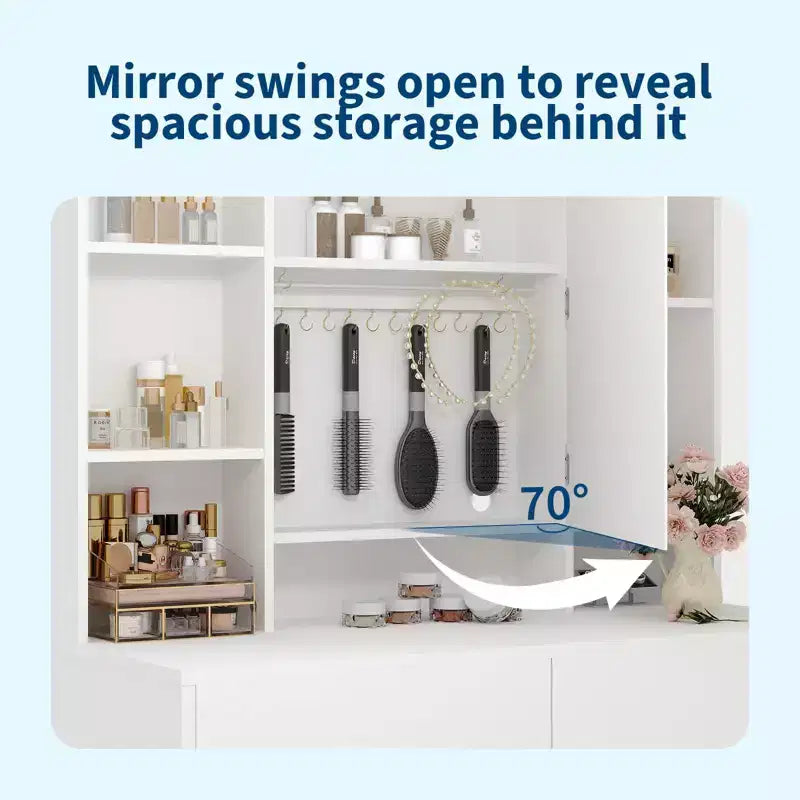 Coiffeuse avec miroir et lumières, comprend un tabouret rembourré, des tiroirs de rangement, des prises USB, une lumière LED réglable avec 3 modes d'éclairage