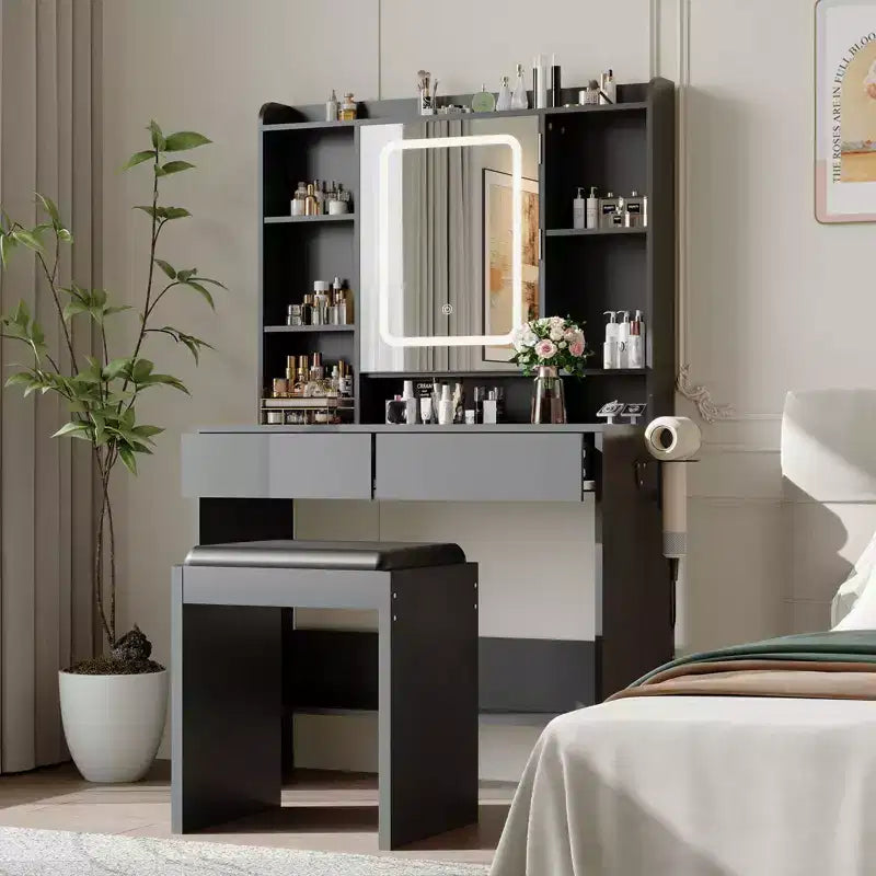 Coiffeuse avec miroir et lumières, comprend un tabouret rembourré, des tiroirs de rangement, des prises USB, une lumière LED réglable avec 3 modes d'éclairage