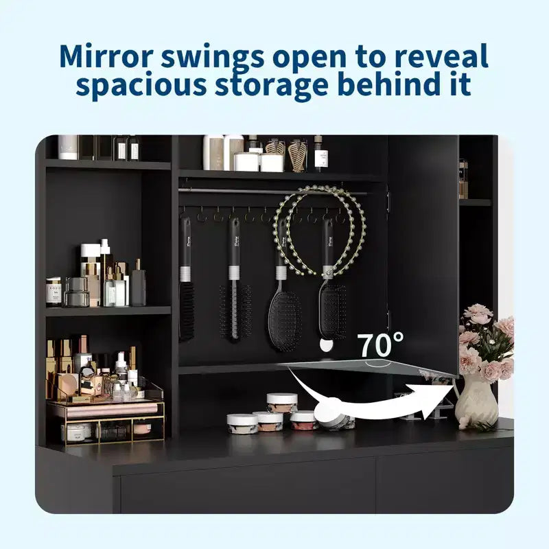 Coiffeuse avec miroir et lumières, comprend un tabouret rembourré, des tiroirs de rangement, des prises USB, une lumière LED réglable avec 3 modes d'éclairage