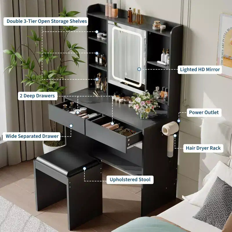 Coiffeuse avec miroir et lumières, comprend un tabouret rembourré, des tiroirs de rangement, des prises USB, une lumière LED réglable avec 3 modes d'éclairage